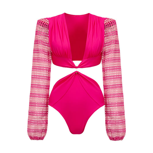 Long Sleeve Cutout PINK One Piece Swimsuit