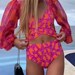 Punta Cana - Long Sleeve Bikini Swimsuit - Neon Floral